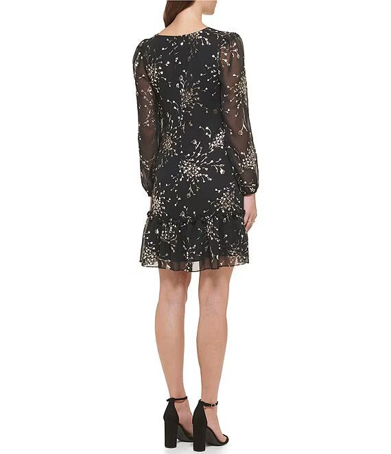 Long Sleeve Floral  Chiffon Tiered Flounce Hem Shift Dress Black/Gold - Kensie