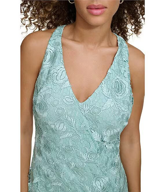 Vestido sin mangas con cuello en V de encaje azul montaña - Siena