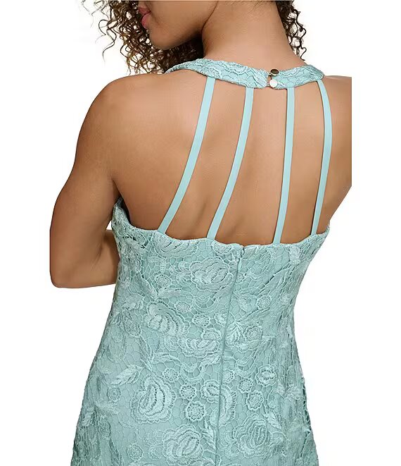 Vestido sin mangas con cuello en V de encaje azul montaña - Siena