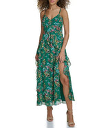 Vestido largo sin mangas con cuello en V floral metálico verde - Siena
