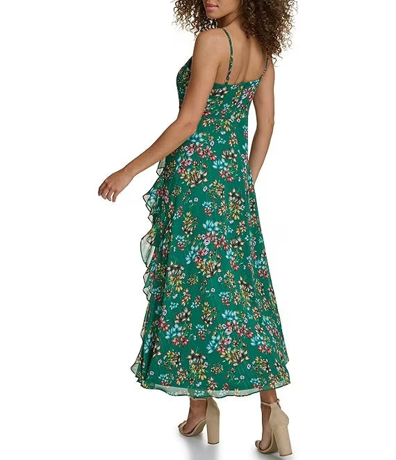 Vestido largo sin mangas con cuello en V floral metálico verde - Siena