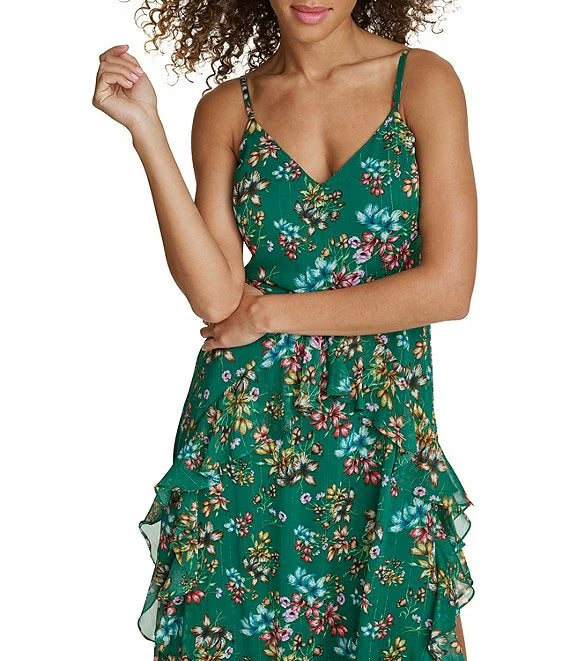 Vestido largo sin mangas con cuello en V floral metálico verde - Siena