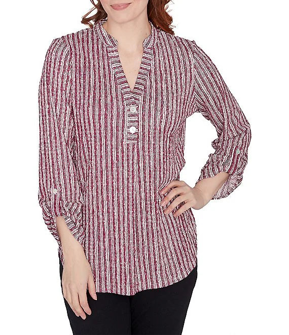 Tejido arrugado con banda dividida en V, manga enrollable, burdeos multicolor - Ruby Rd