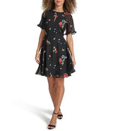Vestido con Ojal Redondo Bordado Floral Negro Multicolor - Kensie