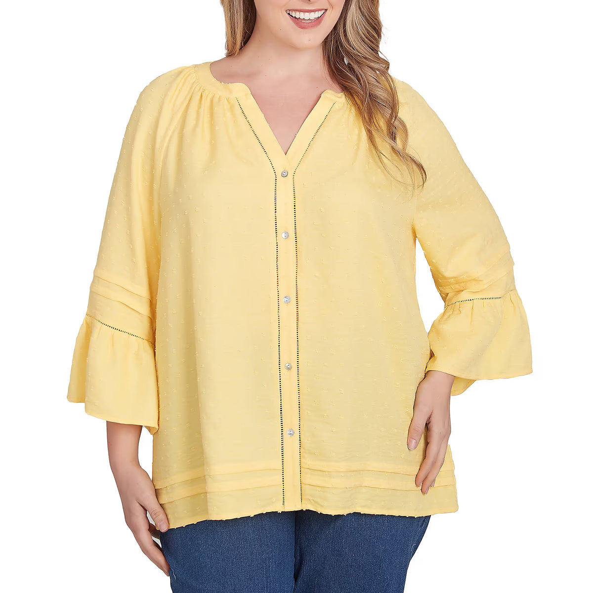 Top de cuello mandarín con ribete adornado, lunares, manga 3/4 y botones en la parte delantera color limón - Ruby Rd