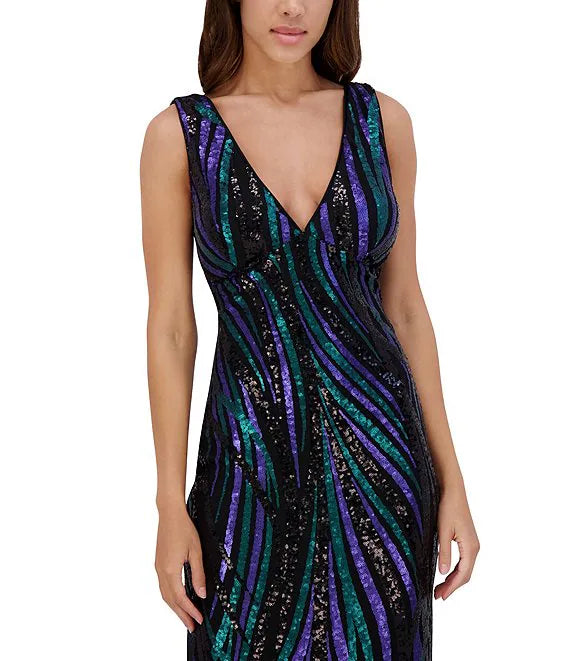 Vestido de malla con cuello en V y lentejuelas múltiples negro multi - Siena