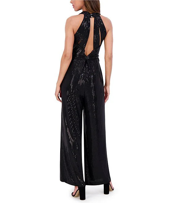 Mono largo sin mangas con cuello vuelto y pierna ancha de punto con lentejuelas negro - Kensie