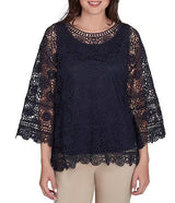 Jersey de punto de ganchillo con cuello barco y manga 3/4 azul marino - Ruby Rd