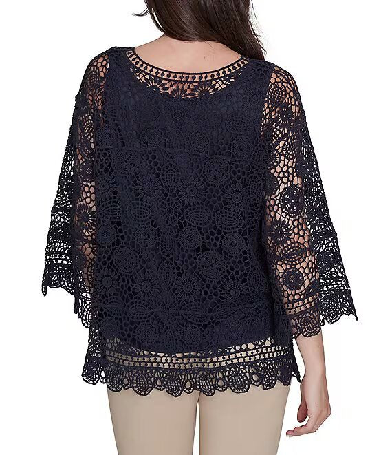 Jersey de punto de ganchillo con cuello barco y manga 3/4 azul marino - Ruby Rd