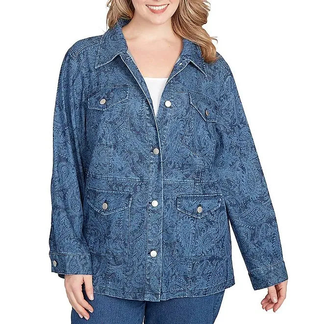 Chaqueta vaquera de talla grande con estampado de cachemir, cuello puntiagudo y botones frontales de manga larga - Ruby Rd