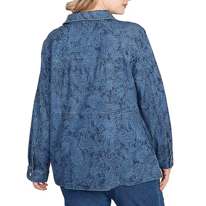 Chaqueta vaquera de talla grande con estampado de cachemir, cuello puntiagudo y botones frontales de manga larga - Ruby Rd