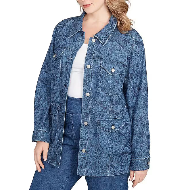 Chaqueta vaquera de talla grande con estampado de cachemir, cuello puntiagudo y botones frontales de manga larga - Ruby Rd