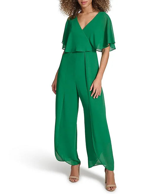 Jumpsuit Chiffon Surplice V-Neck Green - Kensie