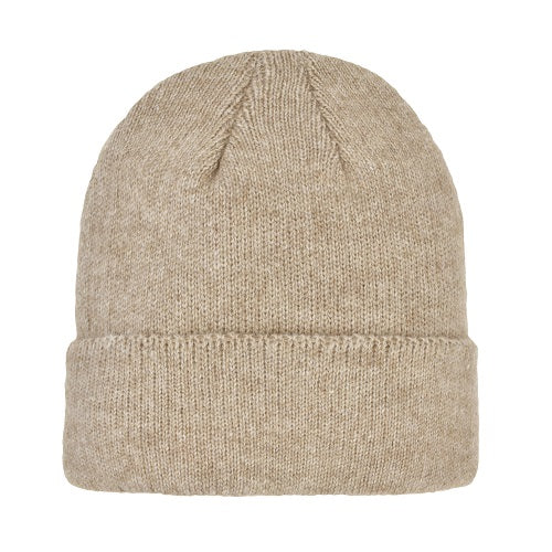 GORRO DE PUNTO JASPEADO SUPRAELÁSTICO CON PUÑO PARA MUJER, COLOR CAMEL