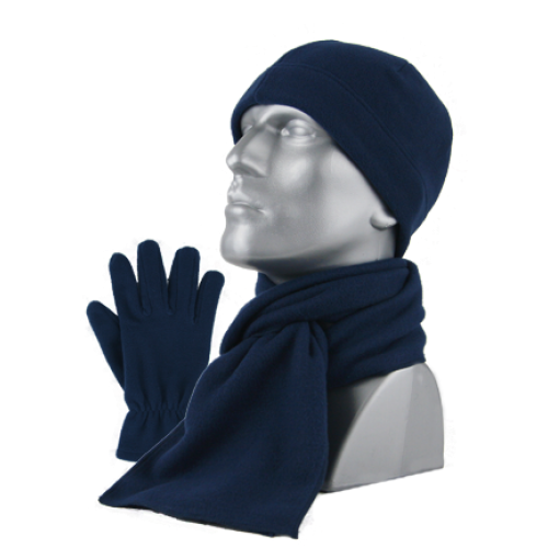 CONJUNTO DE FORRO POLAR ANTIBOLITAS PARA HOMBRE; GORRO, GUANTES, BUFANDA AZUL MARINO