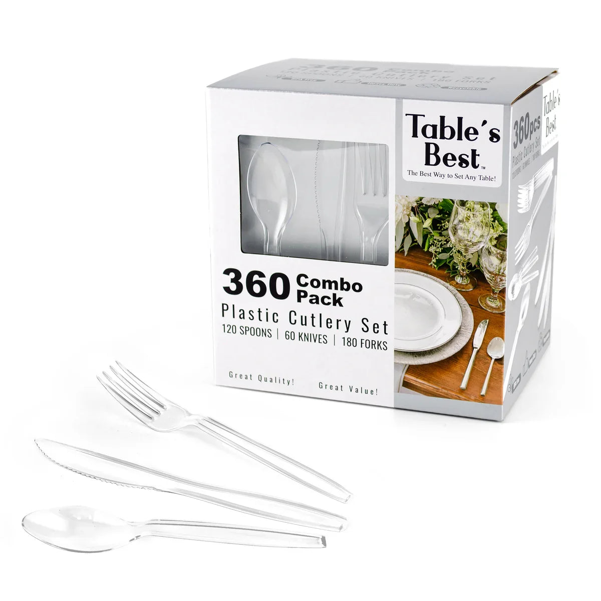 Set de cubiertos desechables transparentes - 360 unidades