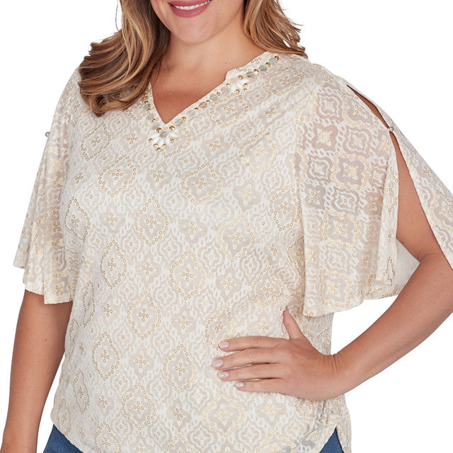 Blusa de punto de chifón con estampado metalizado, talla grande, color marfil - Ruby Rd
