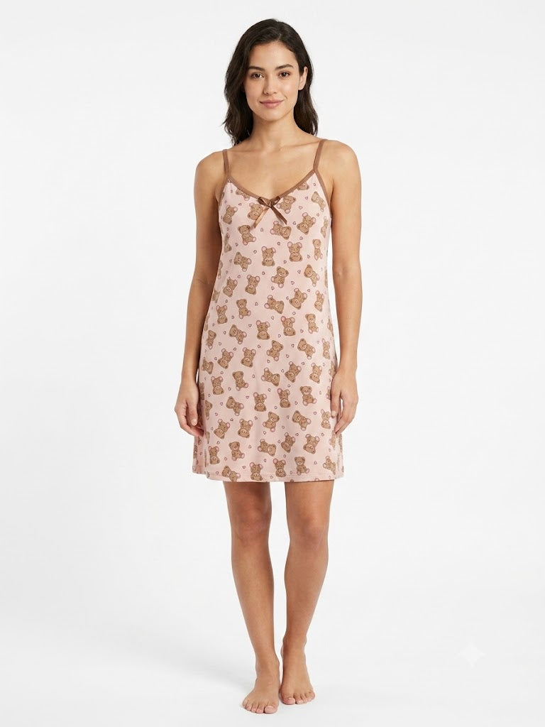 Camisón de mujer con tirantes ajustables - OSO - MARRÓN/ROSA