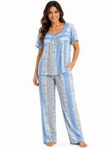 Missy Pant Pj Set w / Lace & Bottoms , Doily Blue