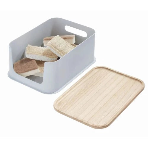 Contenedor Mediano Abierto Frontal y Tapa de Madera 8.4" x 11.9" x 5" Gris