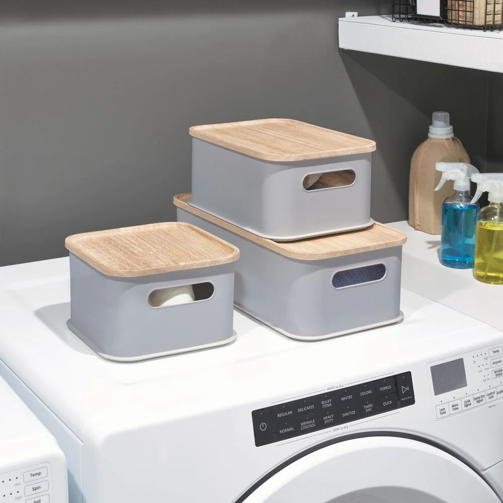 Cesta Mediana y Tapa de Madera  8.4" x 16.9" x 3" Gris
