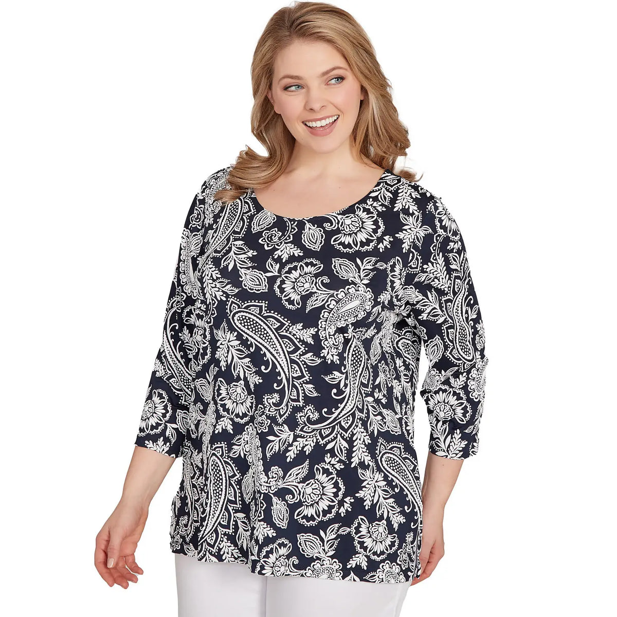 Top Jacobean Paisley con estampado abullonado en azul marino/blanco - Ruby Rd