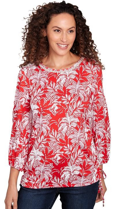 Monotone Palms Puff Print Blusa de lado anudada Rojo/Blanco - Ruby Rd