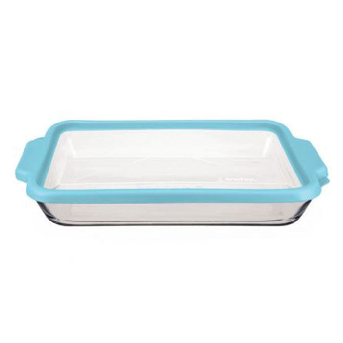 Fuente para hornear de 3 qt con tapa de ajuste perfecto transparente/azul mineral