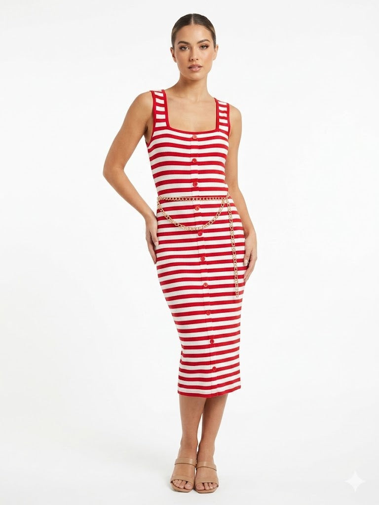 Vestido de tripulación a rayas de punto mixto en rojo combinado
