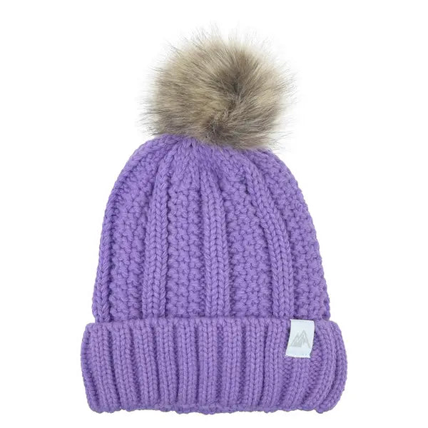 Gorro Acanalado con Puño para Niñas, Pompón de Pelo Sintético, Forro Polar Sherpa Púrpura