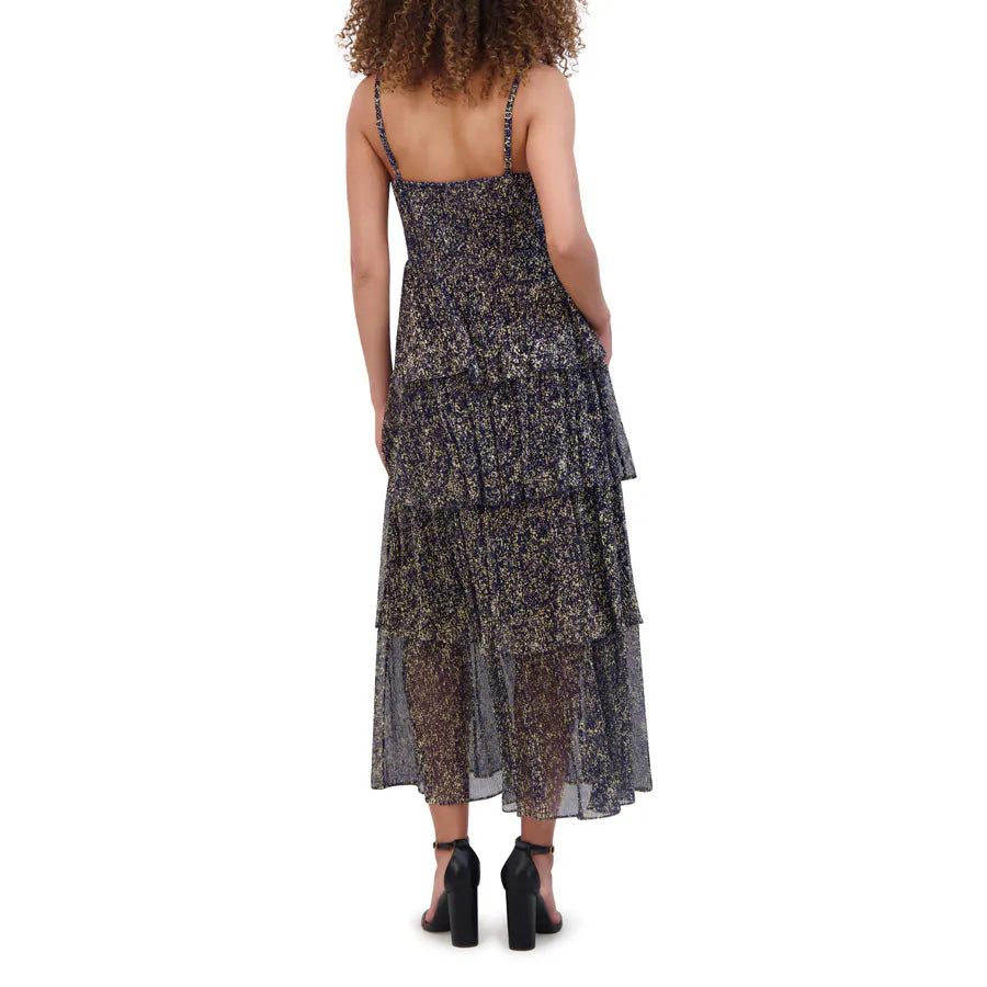 Vestido escalonado con estampado de motas, azul marino/dorado - Siena