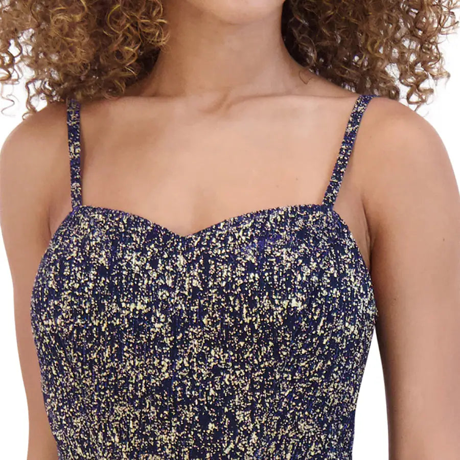 Vestido escalonado con estampado de motas, azul marino/dorado - Siena