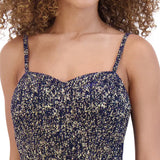 Vestido escalonado con estampado de motas, azul marino/dorado - Siena