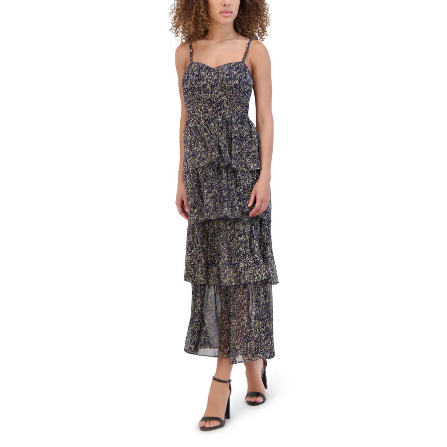 Vestido escalonado con estampado de motas, azul marino/dorado - Siena