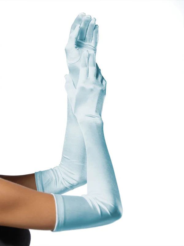 Guantes de satén azul claro extralargos hasta la ópera