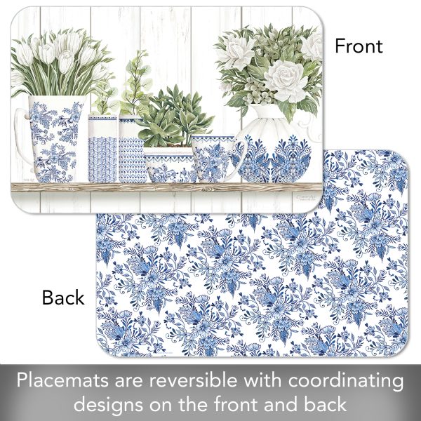 Mantel individual reversible rectangular fácil de cuidar de cerámica azul y blanca