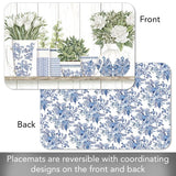 Mantel individual reversible rectangular fácil de cuidar de cerámica azul y blanca