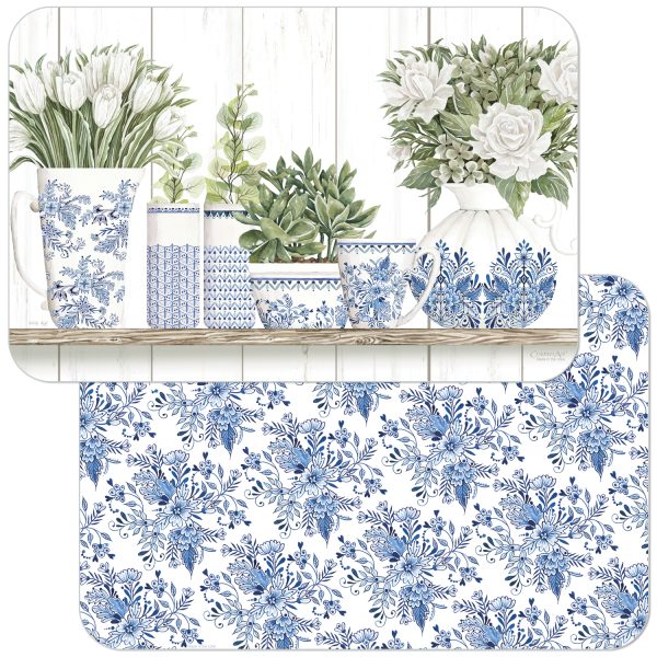 Mantel individual reversible rectangular fácil de cuidar de cerámica azul y blanca