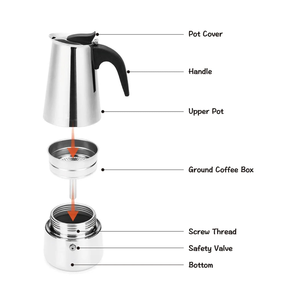 Cafetera espresso de acero inoxidable de 6 tazas