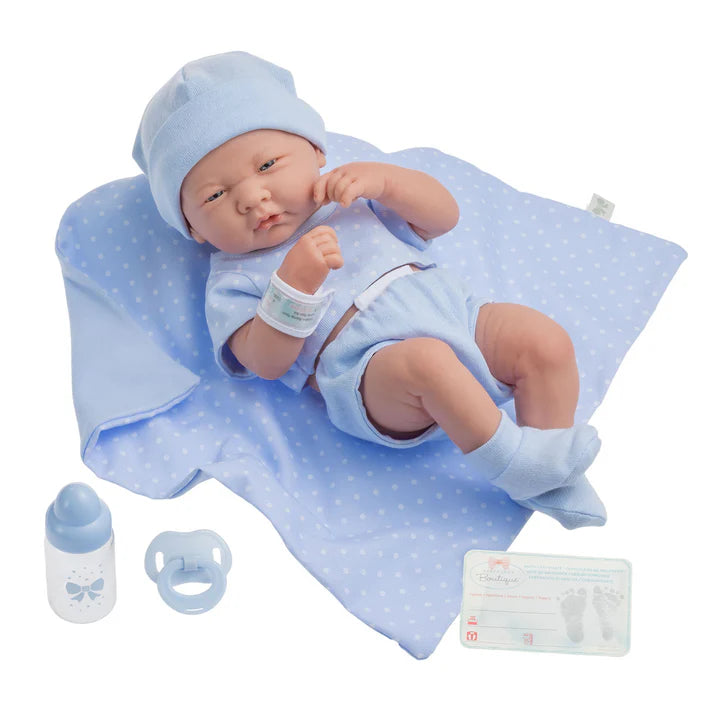 Muñeco bebé niño de verdad La Newborn Boutique de 14 pulgadas - Conjunto de 9 piezas con ropa azul