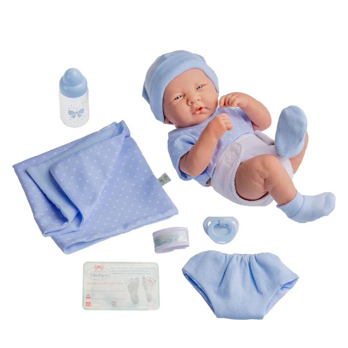 Muñeco bebé niño de verdad La Newborn Boutique de 14 pulgadas - Conjunto de 9 piezas con ropa azul