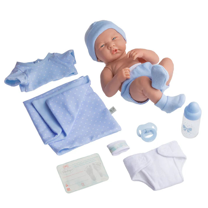 Muñeco bebé niño de verdad La Newborn Boutique de 14 pulgadas - Conjunto de 9 piezas con ropa azul