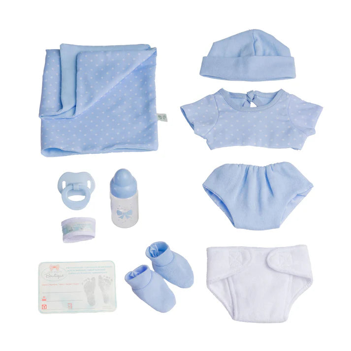 Muñeco bebé niño de verdad La Newborn Boutique de 14 pulgadas - Conjunto de 9 piezas con ropa azul