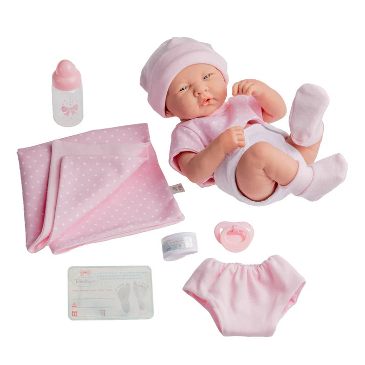 Muñeca La Newborn Boutique, Niña, 35 cm, Atuendo Rosa, Juego de Regalo de 9 Piezas