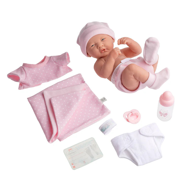 Muñeca La Newborn Boutique, Niña, 35 cm, Atuendo Rosa, Juego de Regalo de 9 Piezas