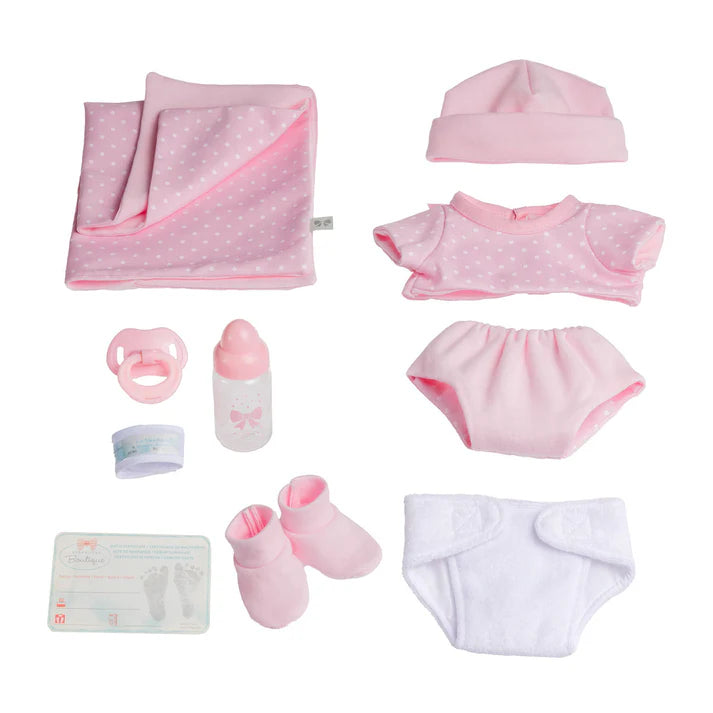 Muñeca La Newborn Boutique, Niña, 35 cm, Atuendo Rosa, Juego de Regalo de 9 Piezas
