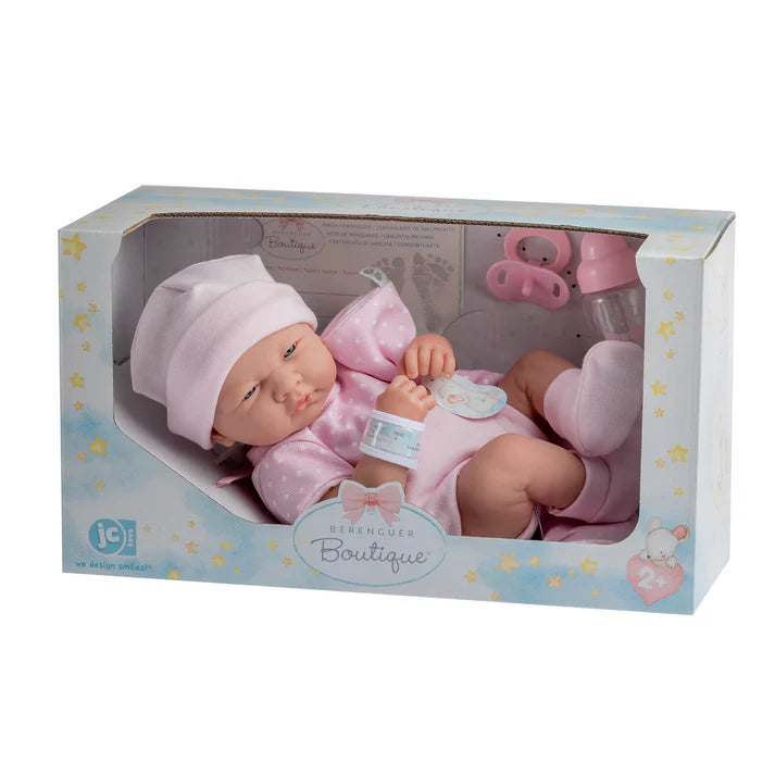 Muñeca La Newborn Boutique, Niña, 35 cm, Atuendo Rosa, Juego de Regalo de 9 Piezas