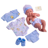 La Newborn Nursery, Juego de regalo de 8 piezas de ropa de bebé azul, muñeca de 14 pulgadas con sonrisa de aspecto real