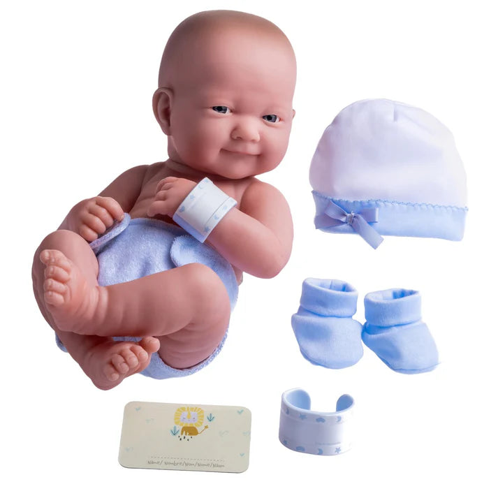 La Newborn Nursery, Juego de regalo de 8 piezas de ropa de bebé azul, muñeca de 14 pulgadas con sonrisa de aspecto real