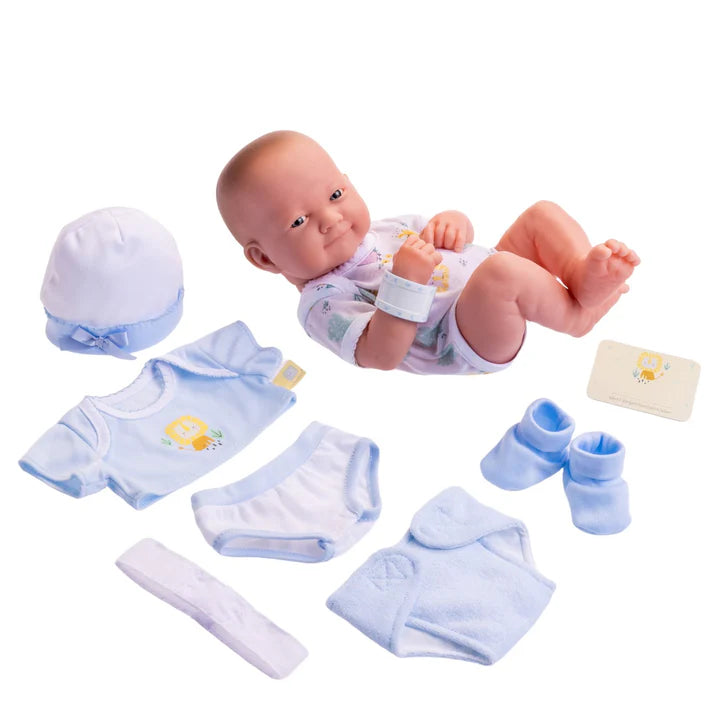 La Newborn Nursery, Juego de regalo de 8 piezas de ropa de bebé azul, muñeca de 14 pulgadas con sonrisa de aspecto real